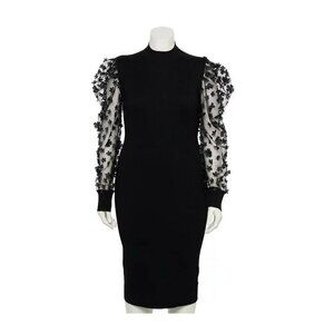 Almost Famous Black Dress Stretch below Knee‎ Sheer Floral Sleeves Size M/L